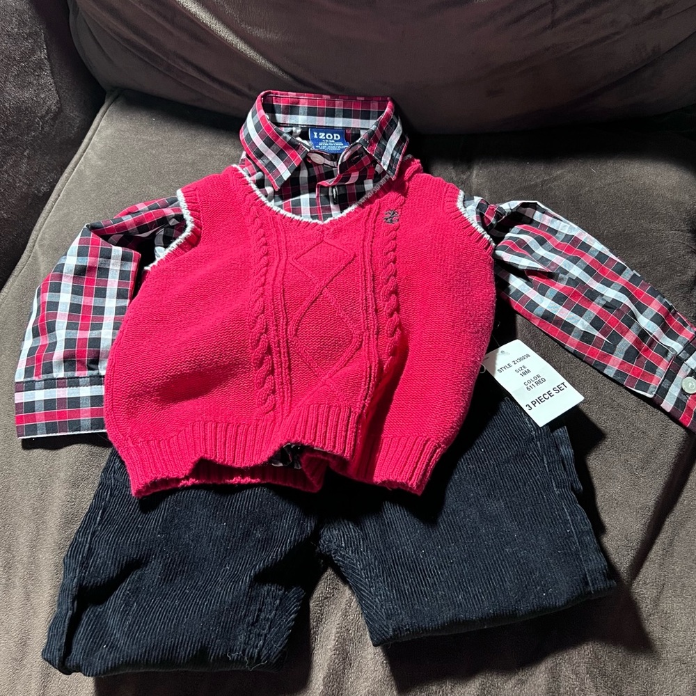 NWT IZOD 3 piece set. Corduroy black pull on pants, button down & vest. 18 month
